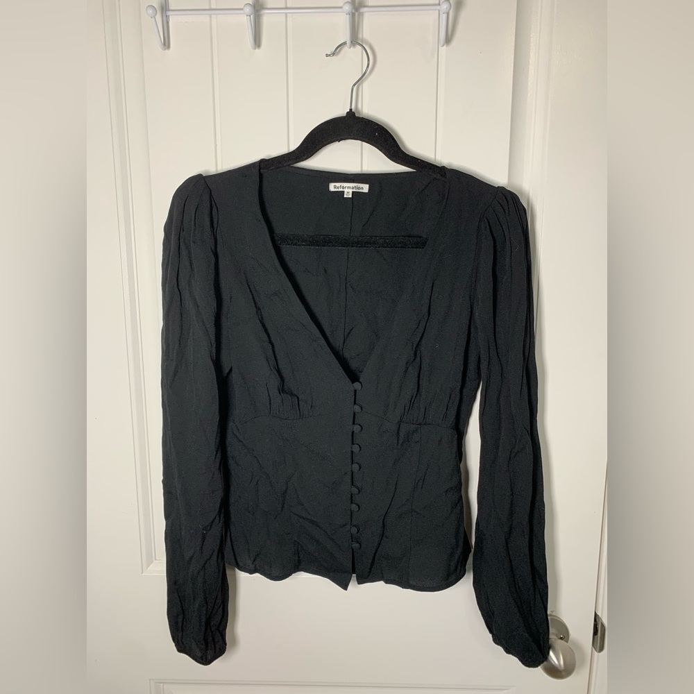 Reformation Black V-Neck Button-Up Blouse